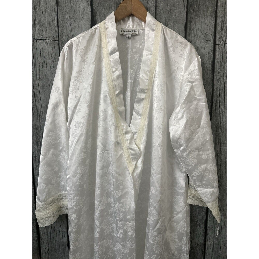 Dior White Floral Satin Robe with Lace Trim